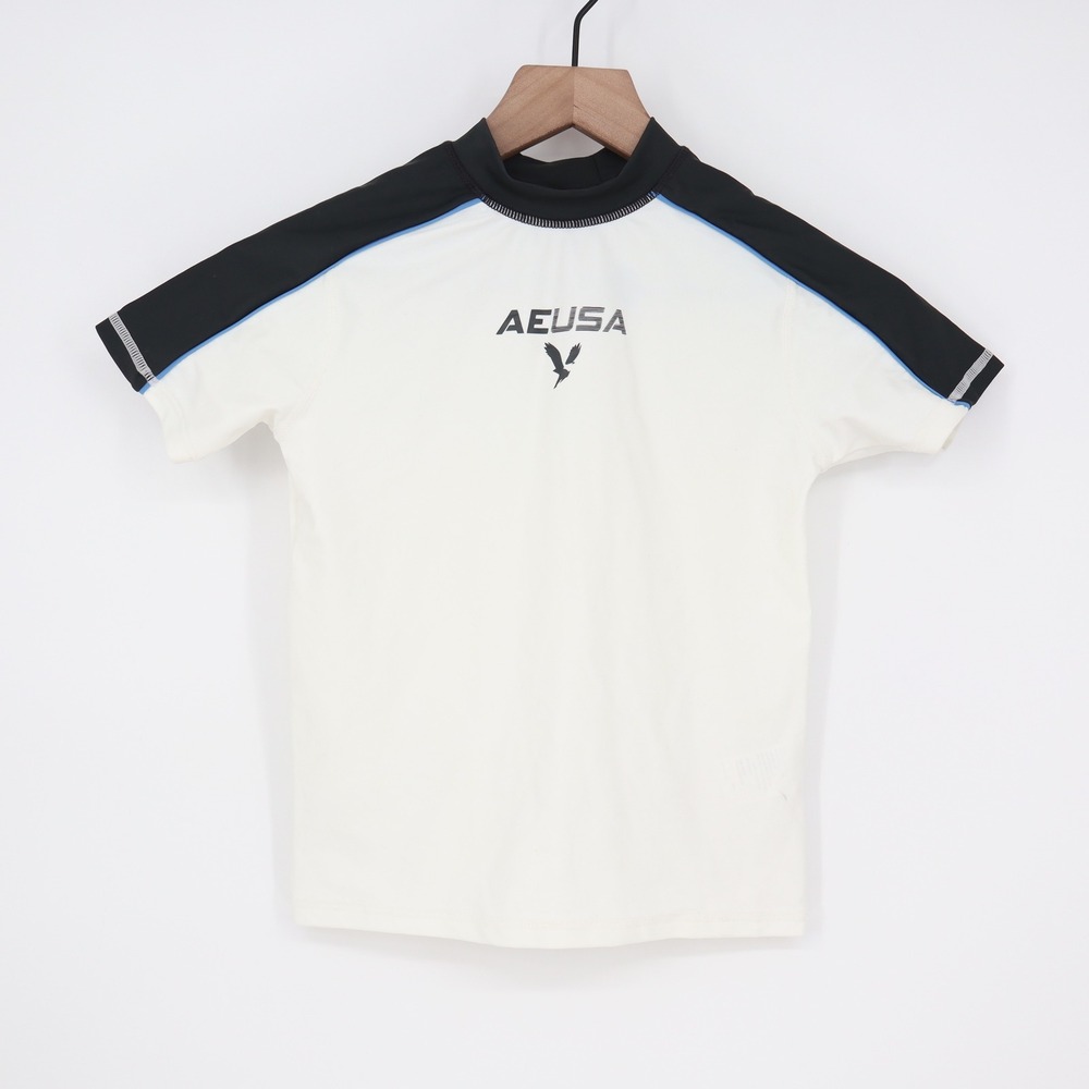 American Eagle Kids Rash Guard Size 8 White Black AEUSA Swim Shirt Short Sleeve